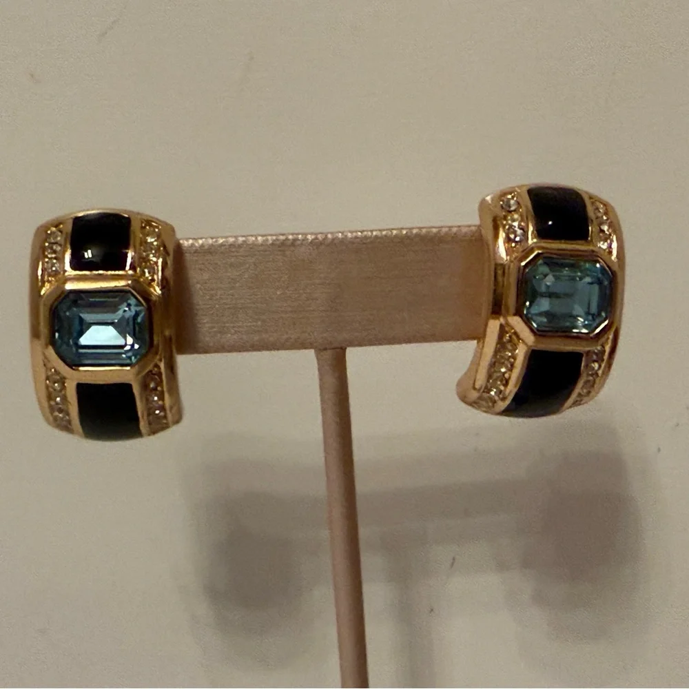 CHRISTIAN DIOR EARRINGS Unsigned BLACK ENAMEL BLUE CLEAR CRYSTALS HUGGIE POST - Picture 2 of 10